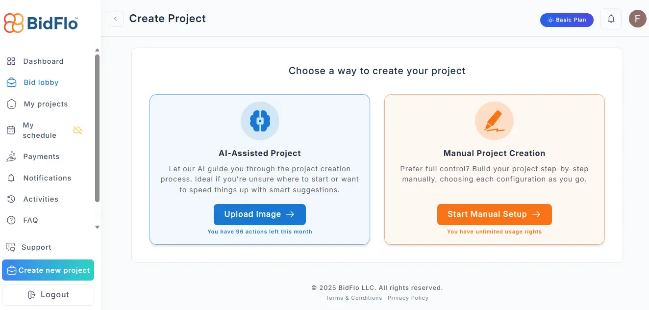 Screenshot of the BidFlo owner interface showing the AI image analyzer tool