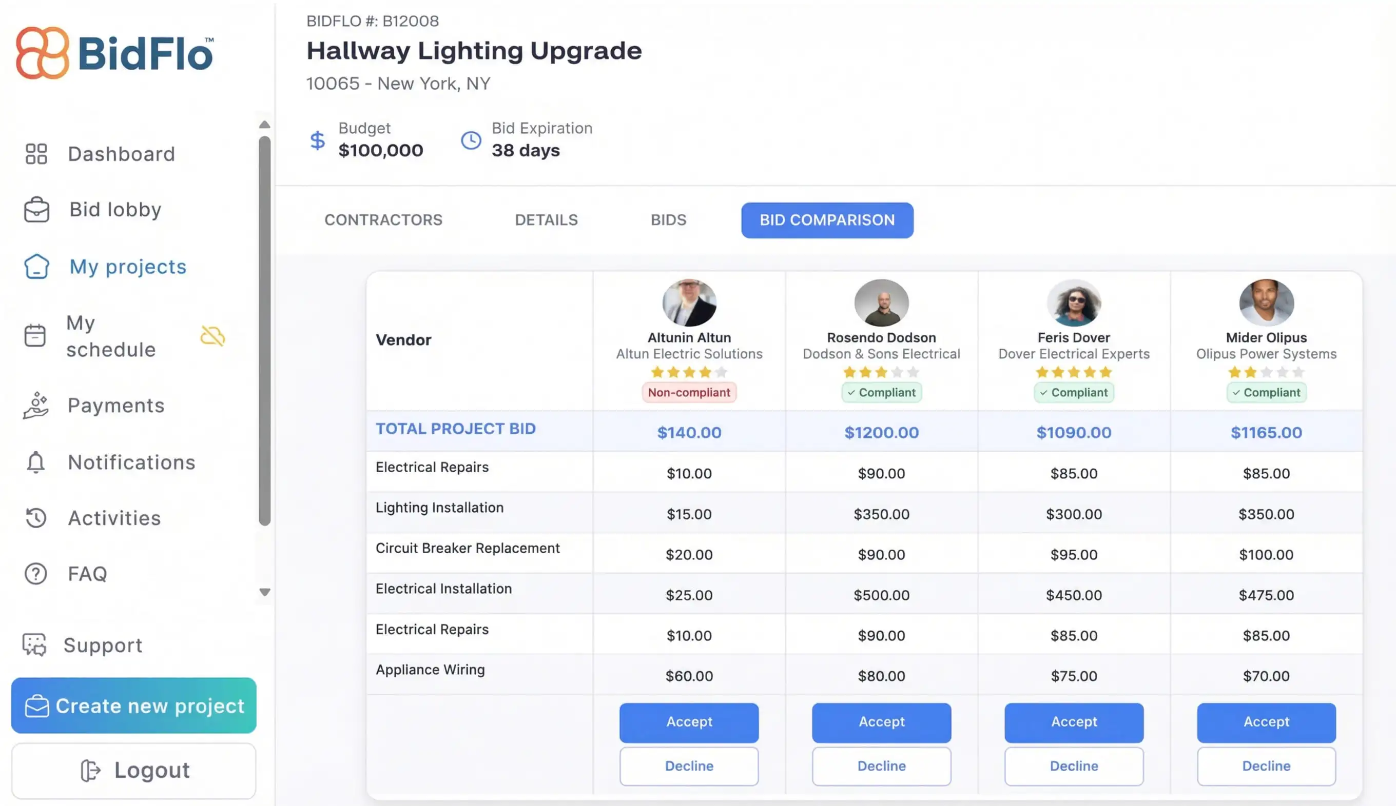 Screenshot of the BidFlo owner dashboard for comparing different project bids