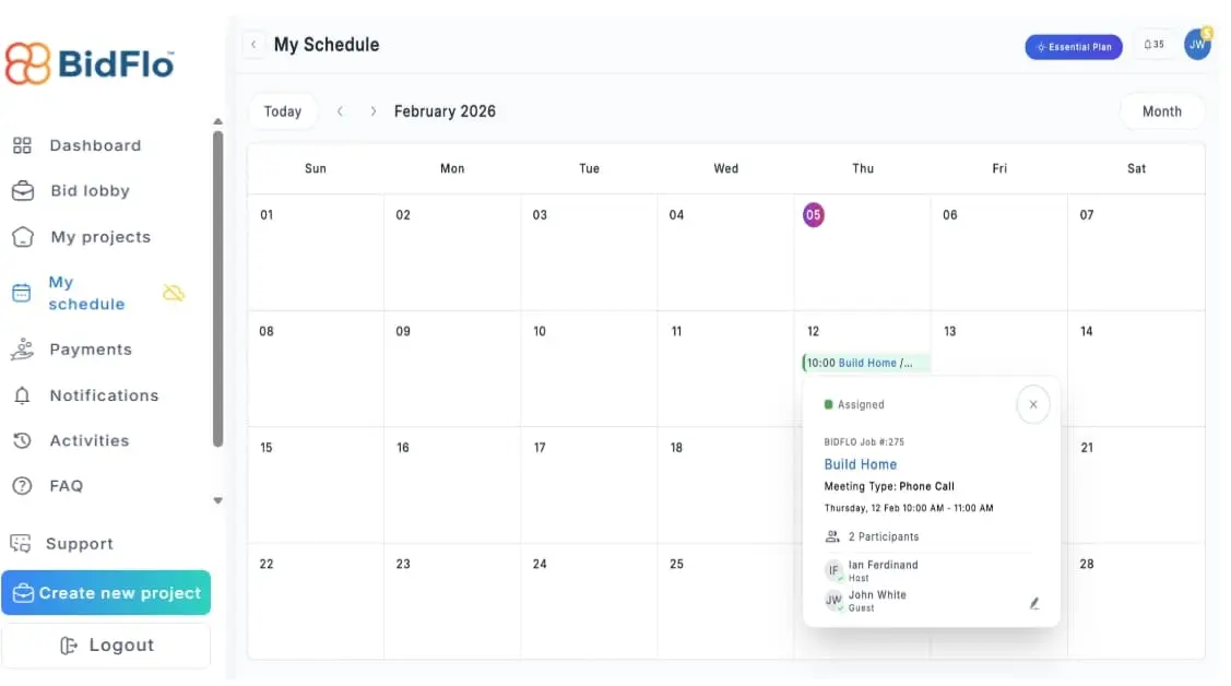 BidFlo vendor calendar interface displaying a monthly schedule of bid deadlines and project site visits with color-coded event markers