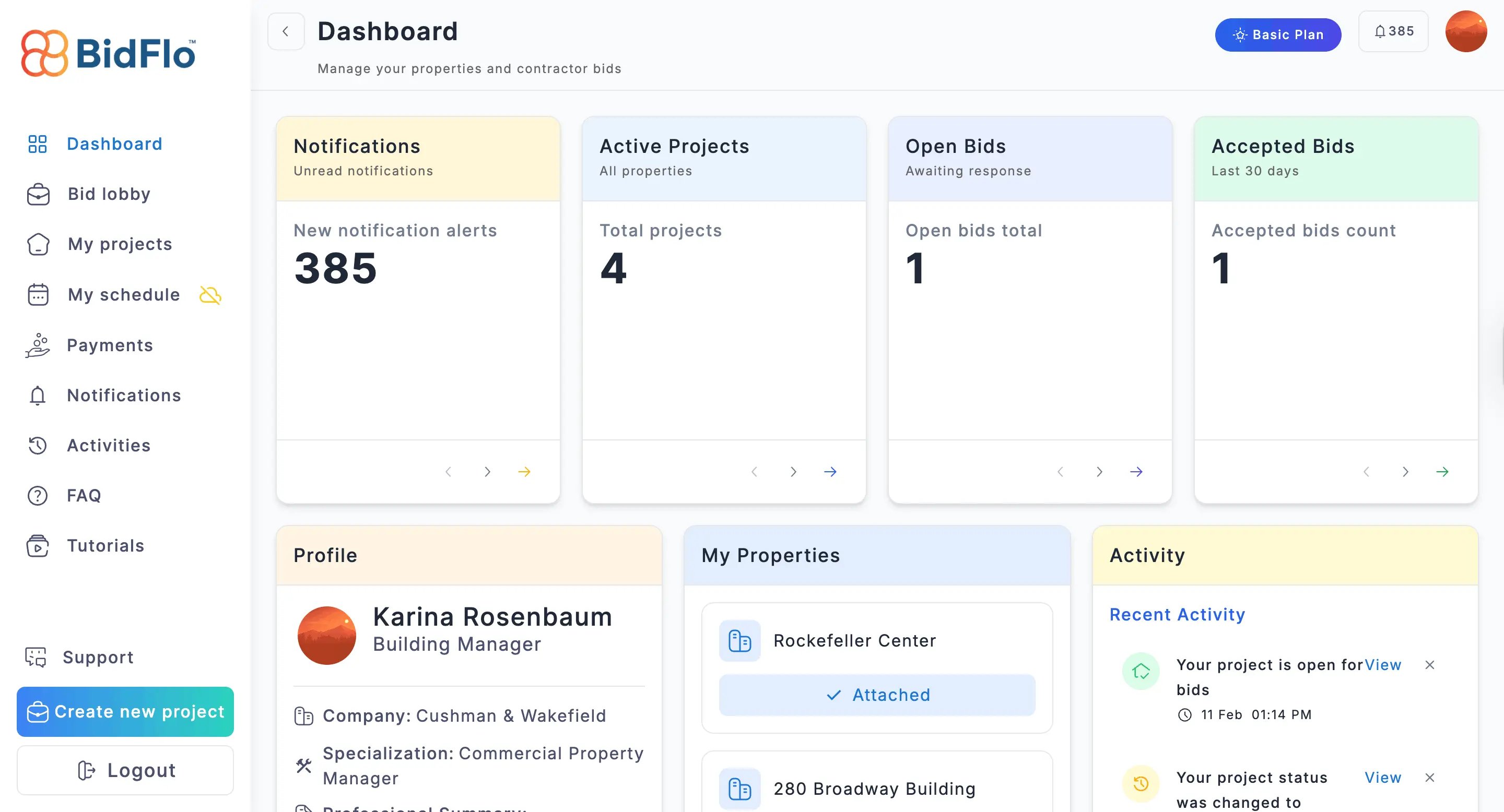 Screenshot of the main dashboard for a BidFlo owner account