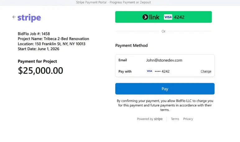 Screenshot of the Stripe payment integration screen for a BidFlo owner