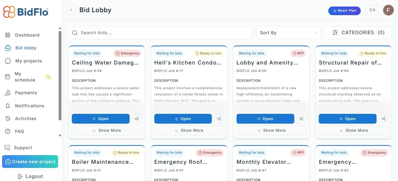 Screenshot of the BidFlo vendor bid lobby showing available opportunities
