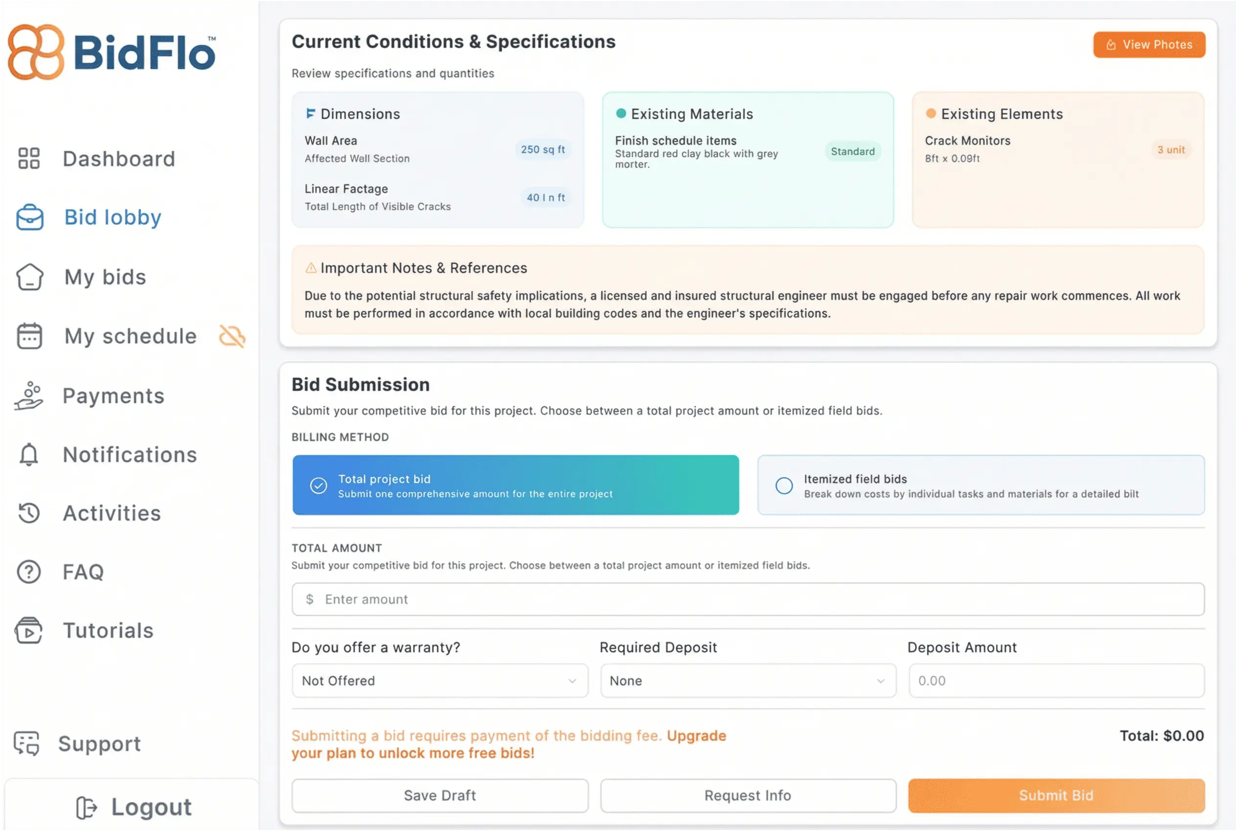 BidFlo vendor dashboard showing the bid submission interface, featuring a technical requirements form, document upload section, and a 'Submit Bid' button