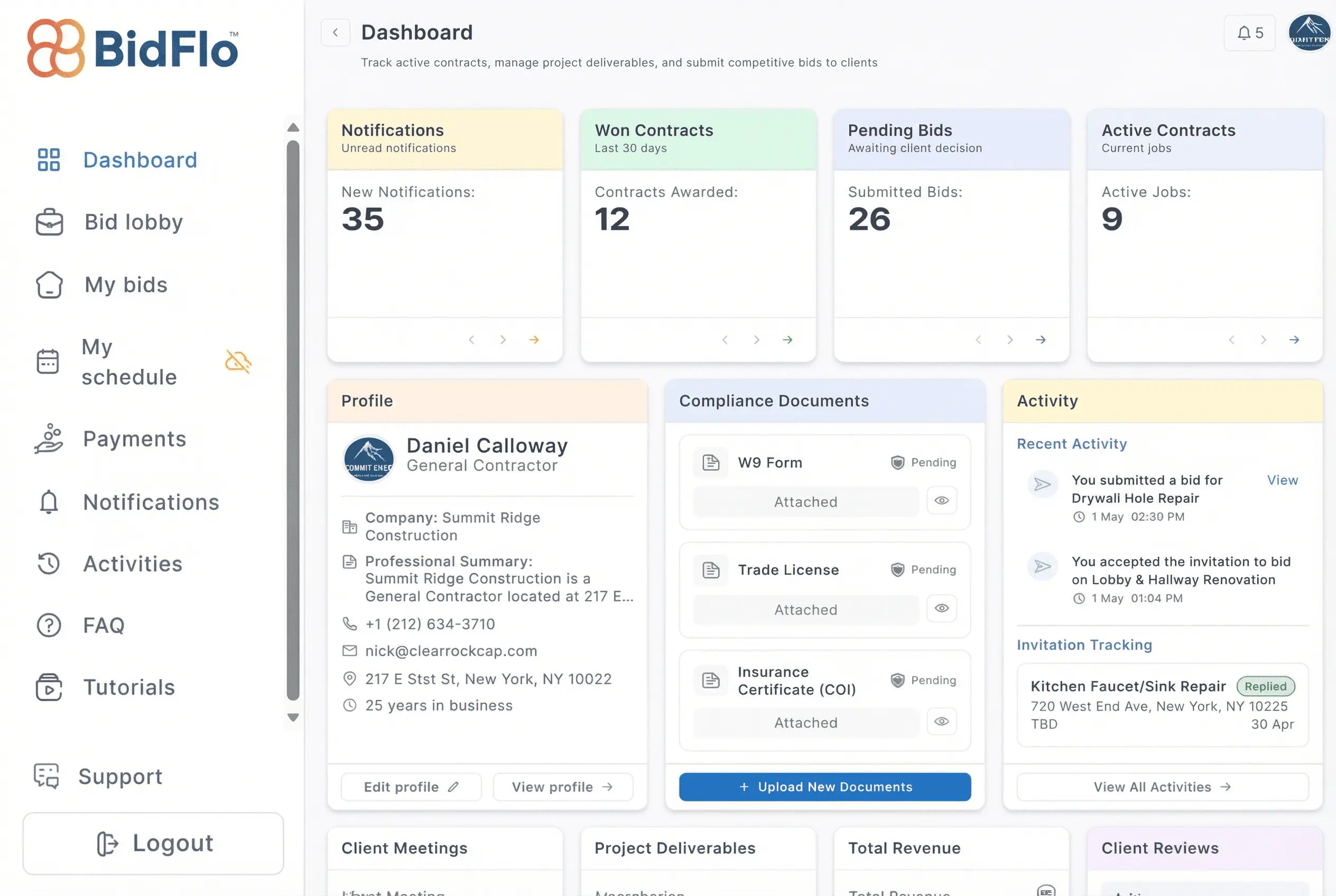 Screenshot of the main dashboard for a BidFlo vendor account