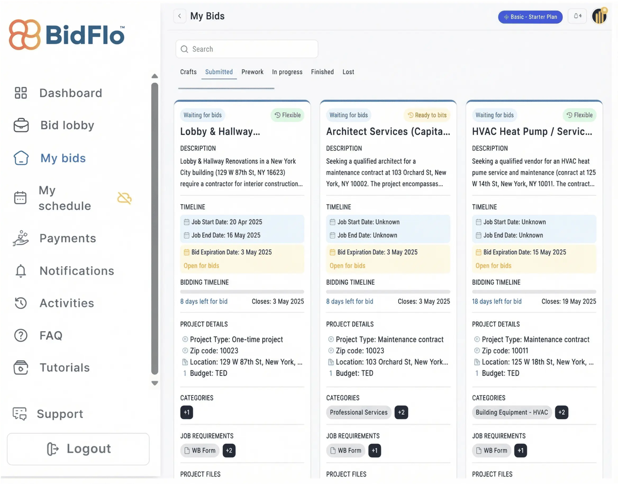 BidFlo vendor dashboard showing the my bids interface